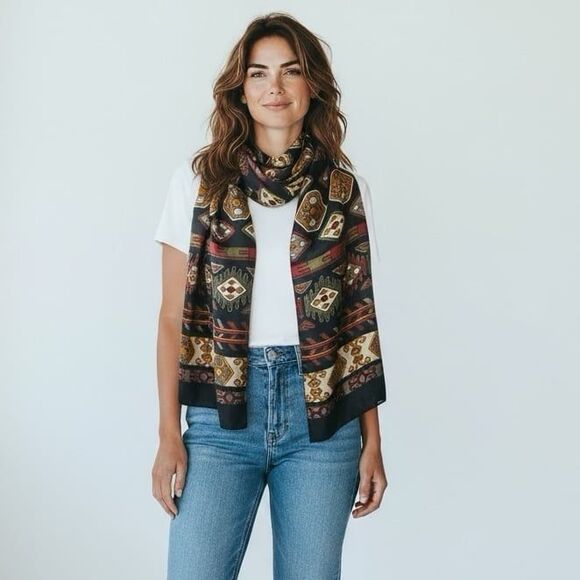 Vtg Echo 100% Silk Scarf Geometric Aztec Tribal Print Brown Red Black 26"x10.5" - Picture 1 of 8